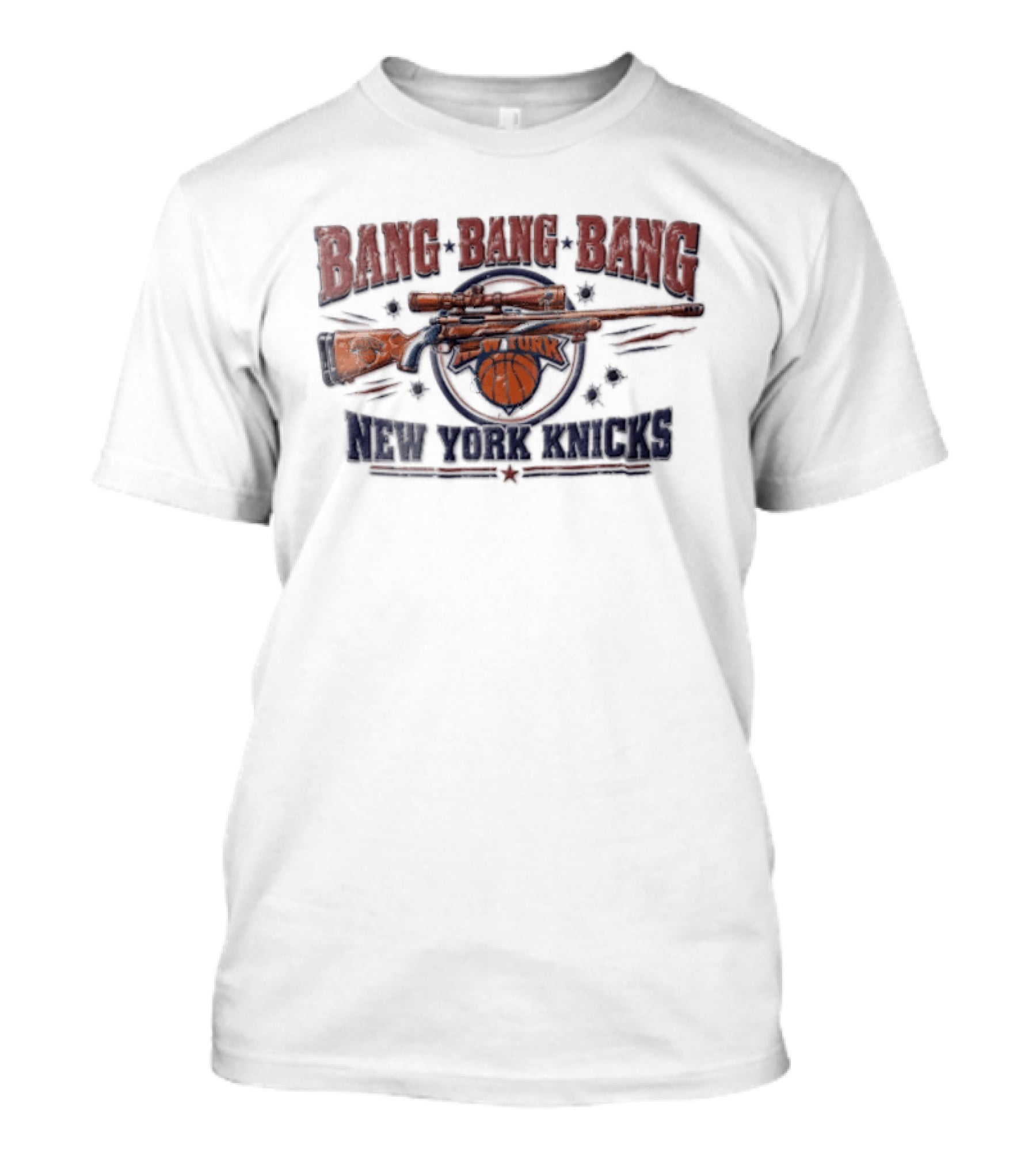 New York Knicks Bang Bang Sniper Rifle Scope Basketball Bullet Holes T-Shirt