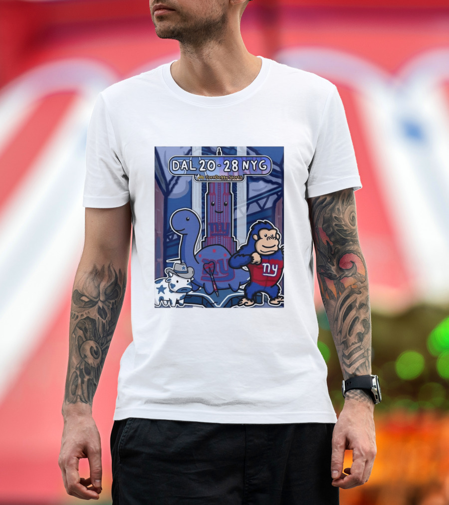 CornDoggy Sports DAL 20 28 NYG Dallas Cowboys New York Giants Cartoon Characters T-Shirt