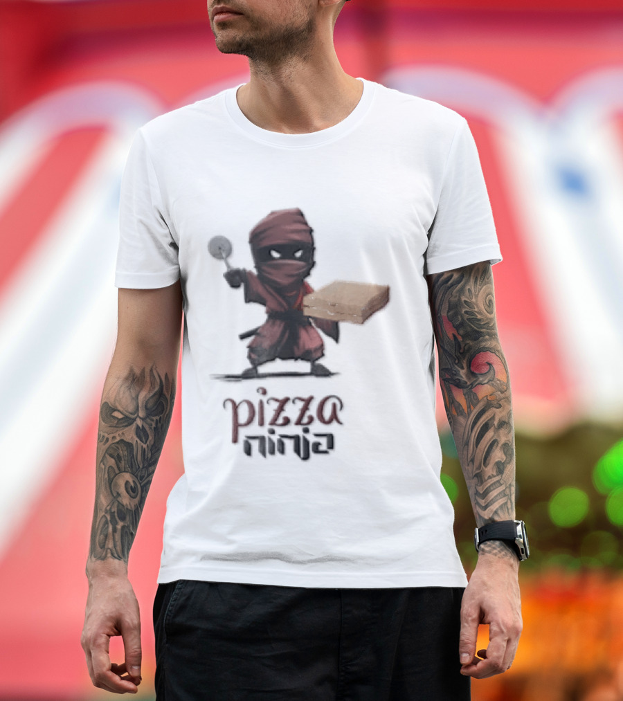 Pizza Ninja Red Masked Cartoon Figure Holding Cardboard Box T-Shirt