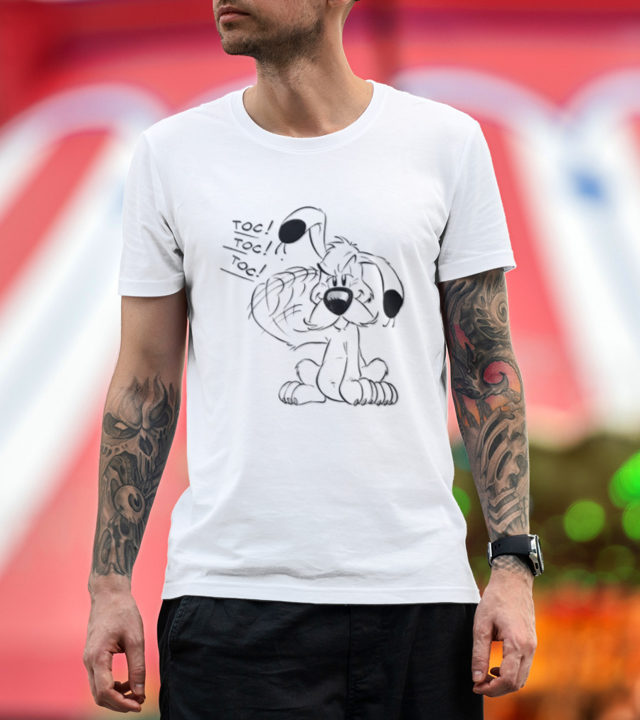 Toc Dogmatix White Dog Knocking Head Cartoon T-Shirt