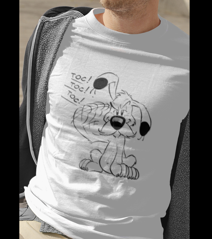 Toc Dogmatix White Dog Knocking Head Cartoon T-Shirt