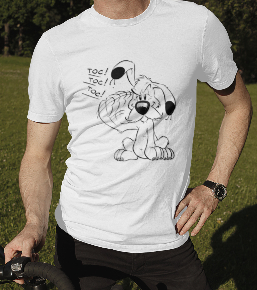 Toc Dogmatix White Dog Knocking Head Cartoon T-Shirt