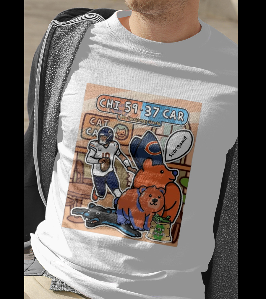 CHI 59 37 CAR CornDoggy Sports Chicago Bears Vs Carolina Panthers Scorigami Cat Café $150 Grand T-Shirt
