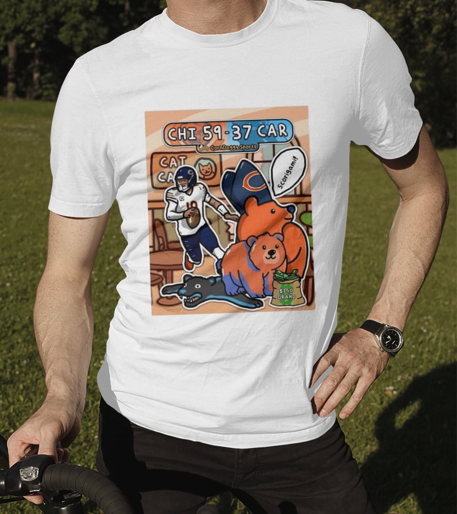 CHI 59 37 CAR CornDoggy Sports Chicago Bears Vs Carolina Panthers Scorigami Cat Café $150 Grand T-Shirt