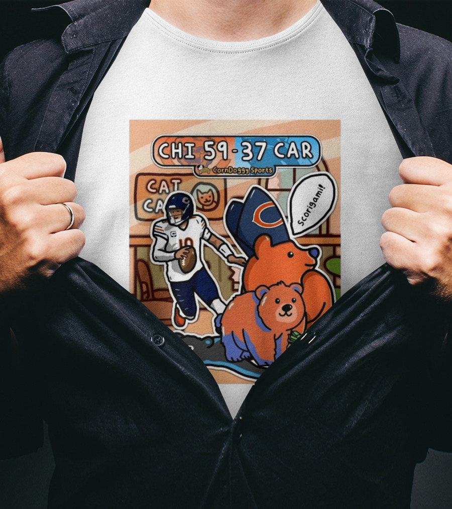 CHI 59 37 CAR CornDoggy Sports Chicago Bears Vs Carolina Panthers Scorigami Cat Café $150 Grand T-Shirt