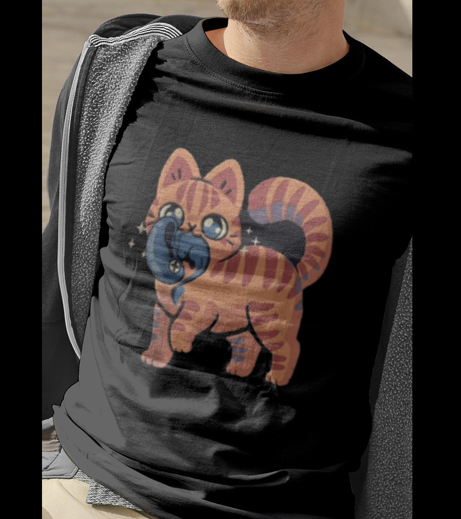 Alien Cat Meets Cartoon Striped Cosmic Creature T-Shirt