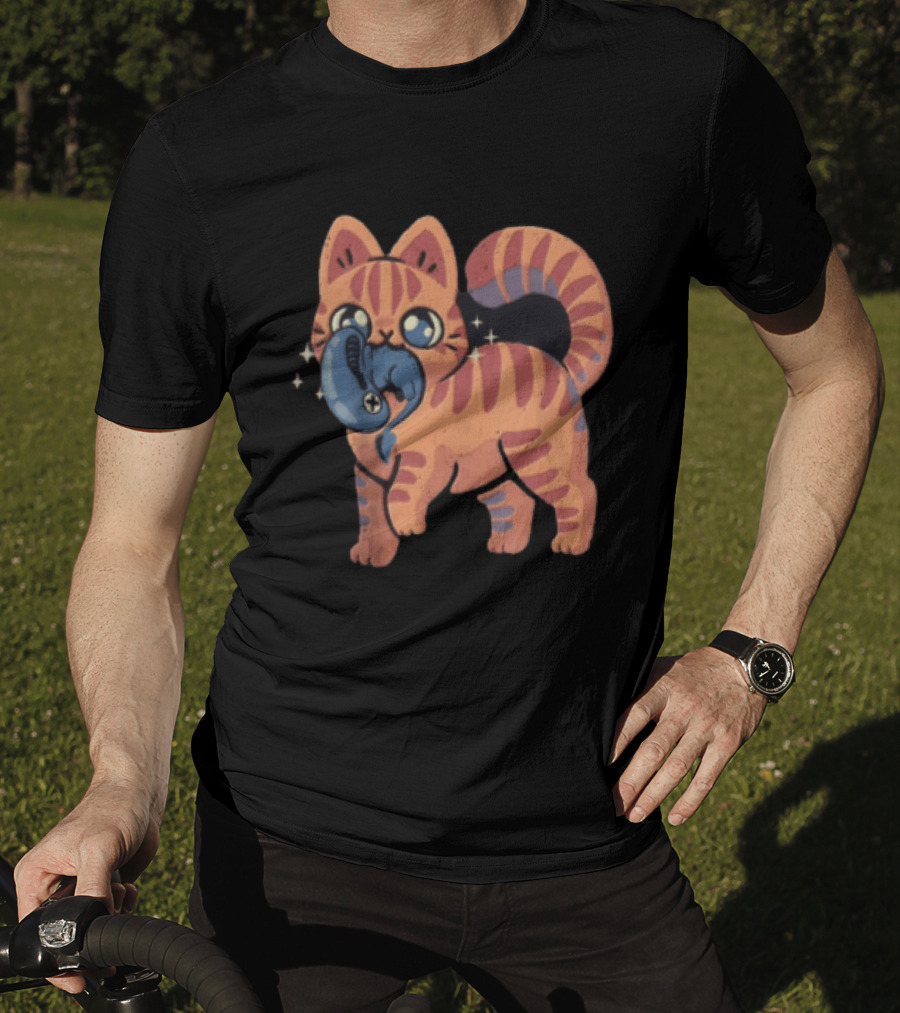 Alien Cat Meets Cartoon Striped Cosmic Creature T-Shirt