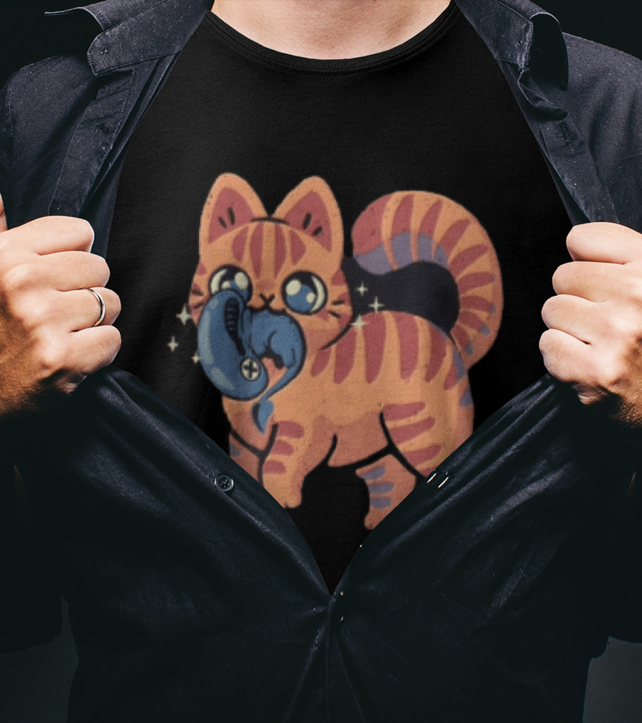 Alien Cat Meets Cartoon Striped Cosmic Creature T-Shirt