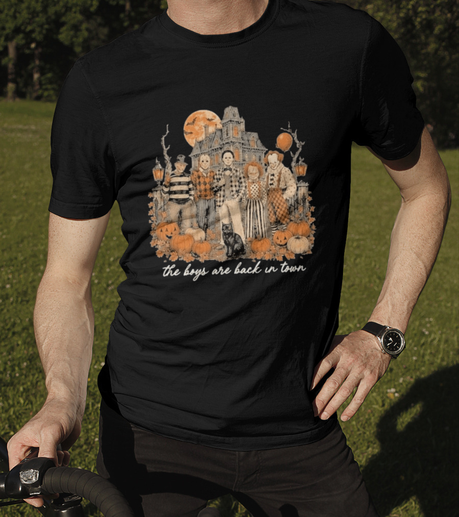 Halloween Horror Characters The Boys Are Back In Town Haunted House Pumpkin Patch T-Shirt