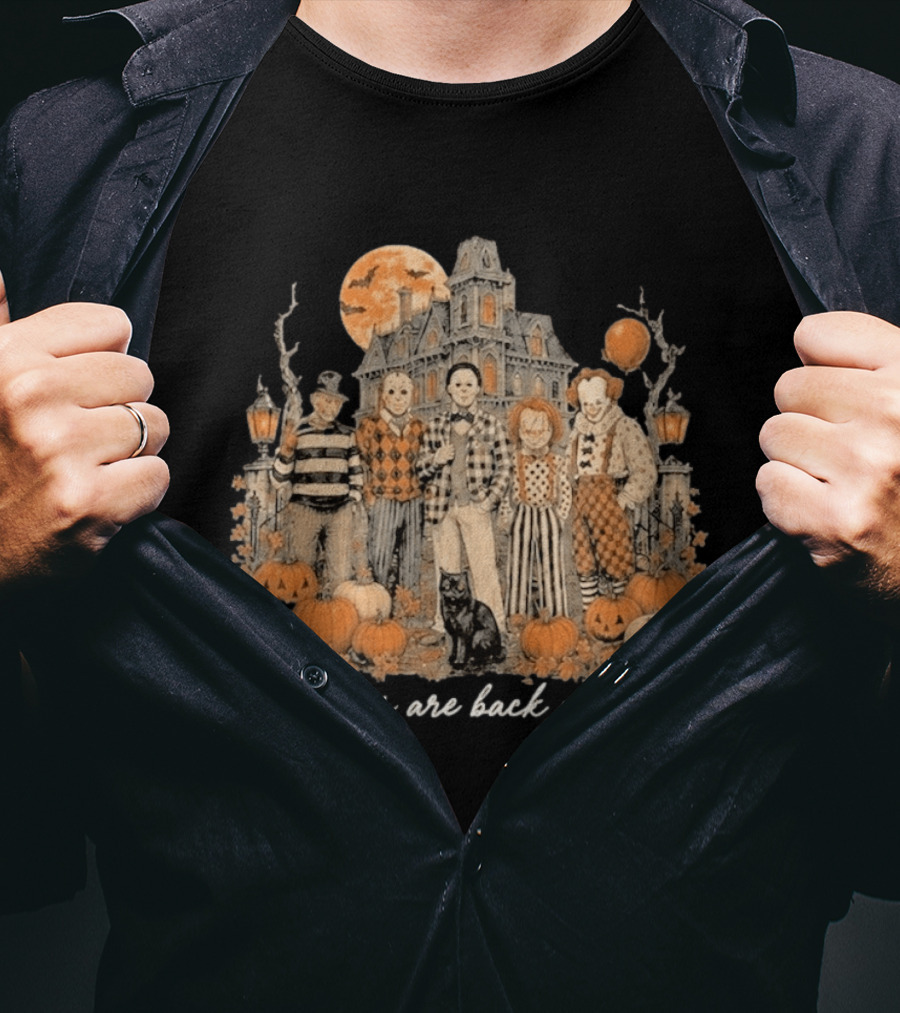 Halloween Horror Characters The Boys Are Back In Town Haunted House Pumpkin Patch T-Shirt