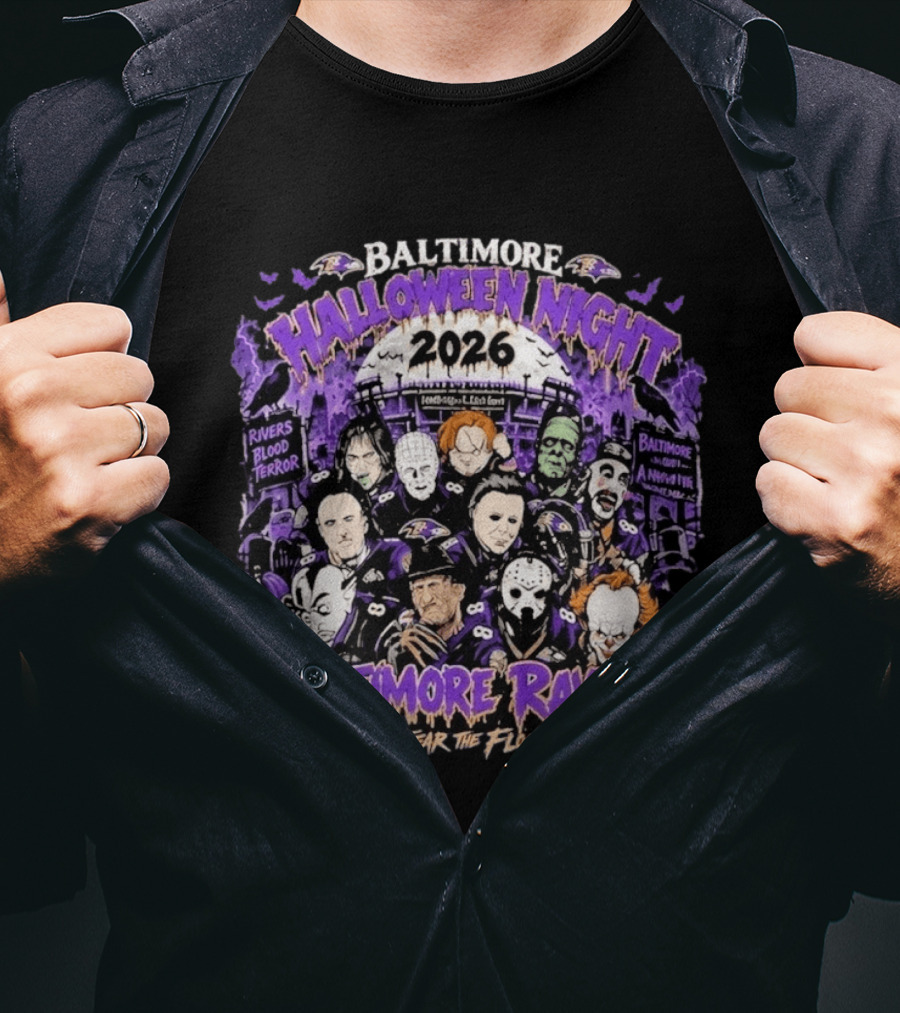 Baltimore Ravens 2026 Halloween Night Horror Characters Fear The Flock T-Shirt