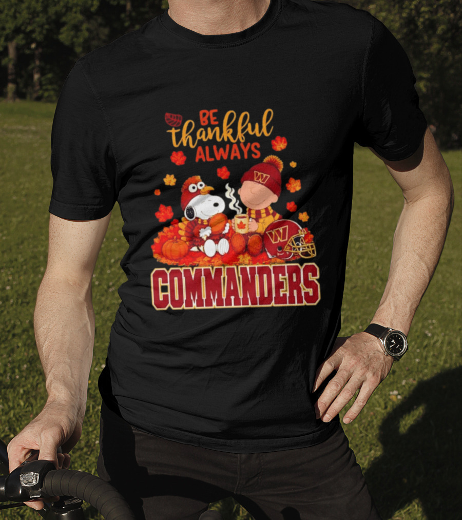 Be Thankful Always Snoopy And Charlie Brown With Commanders Autumn Leaves T-Shirt