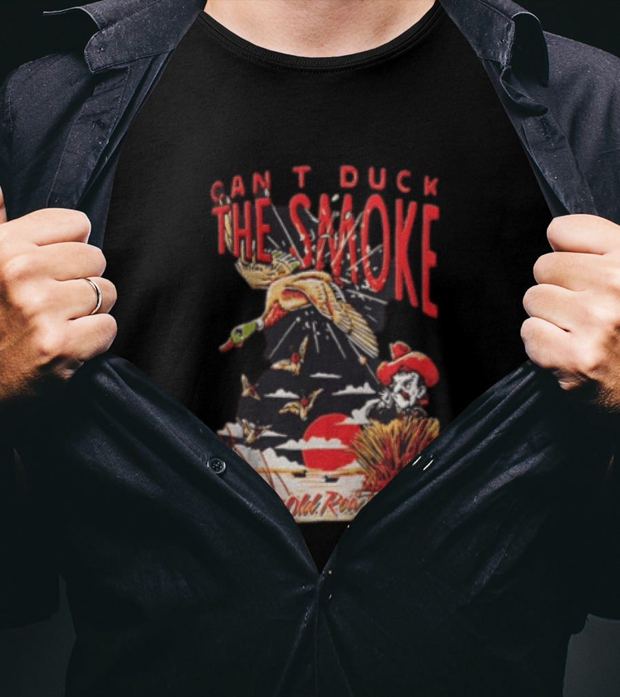 Can't Duck The Smoke Old Row Duck Hunting Scenic Sunset And Cowboy T-Shirt