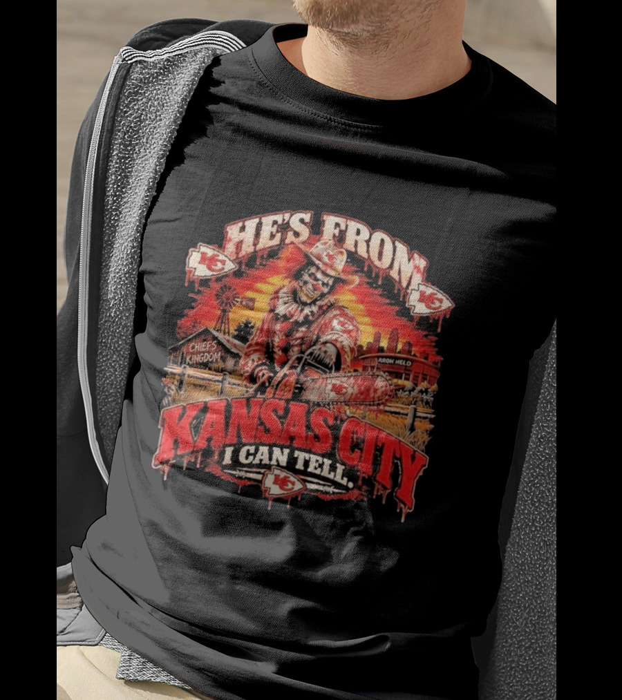 Kansas City Chiefs He's From Kansas City I Can Tell Horror Kingdom NFL Chiefs Logo Scary Chainsaw T-Shirt