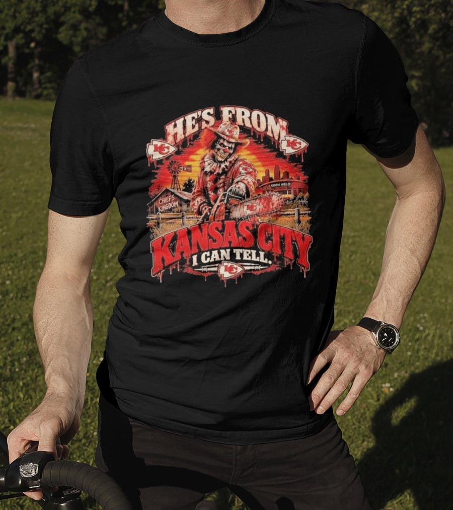 Kansas City Chiefs He's From Kansas City I Can Tell Horror Kingdom NFL Chiefs Logo Scary Chainsaw T-Shirt