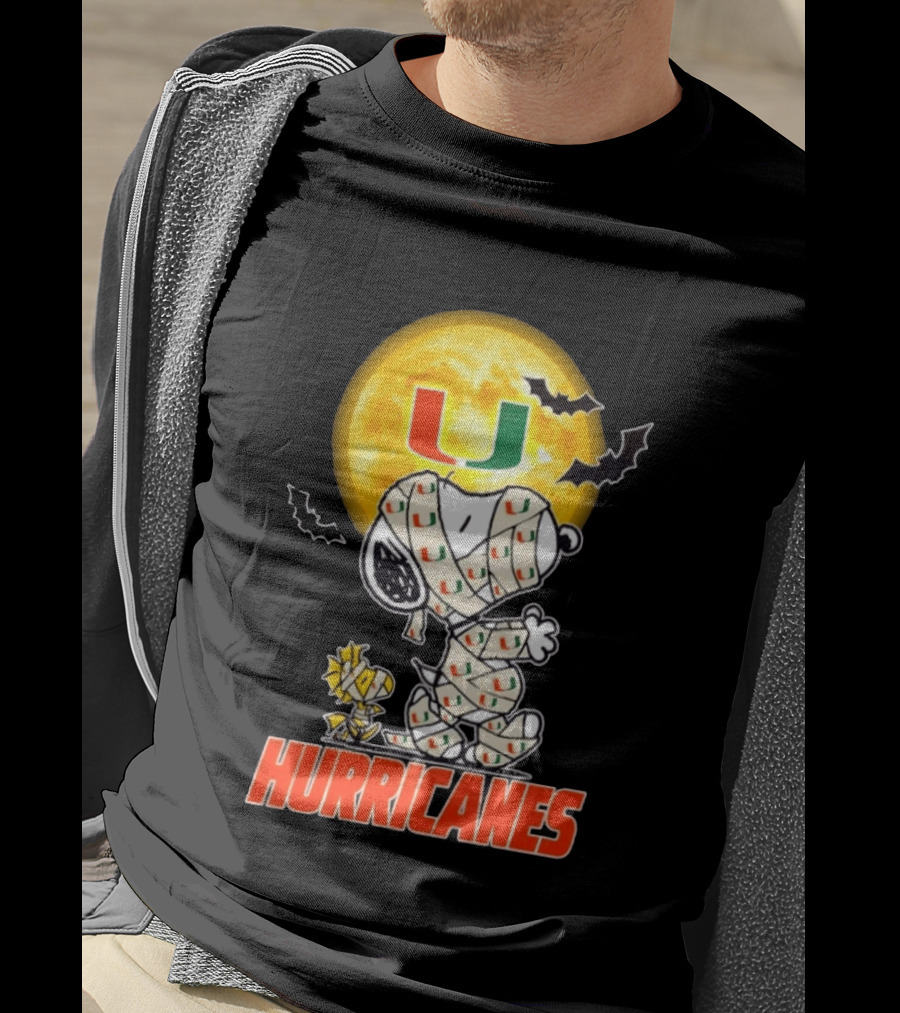 Miami Hurricanes Snoopy Woodstock Mummy Halloween Moon Bats T-Shirt