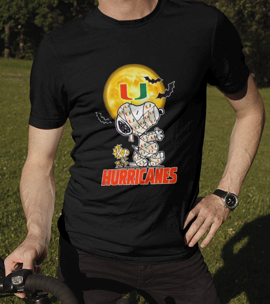 Miami Hurricanes Snoopy Woodstock Mummy Halloween Moon Bats T-Shirt