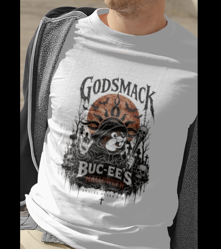 Godsmack Buc Ee's Halloween Snacks Never Die Skulls And Sun T-Shirt
