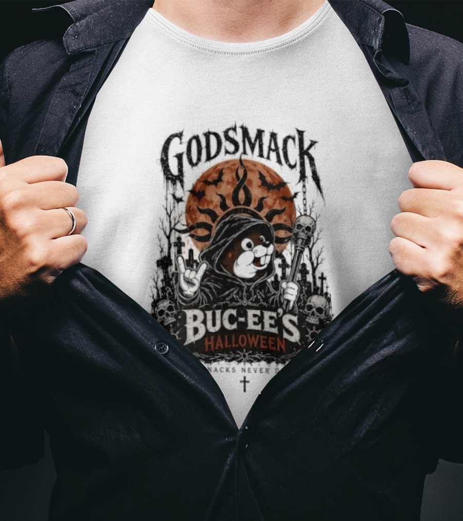 Godsmack Buc Ee's Halloween Snacks Never Die Skulls And Sun T-Shirt