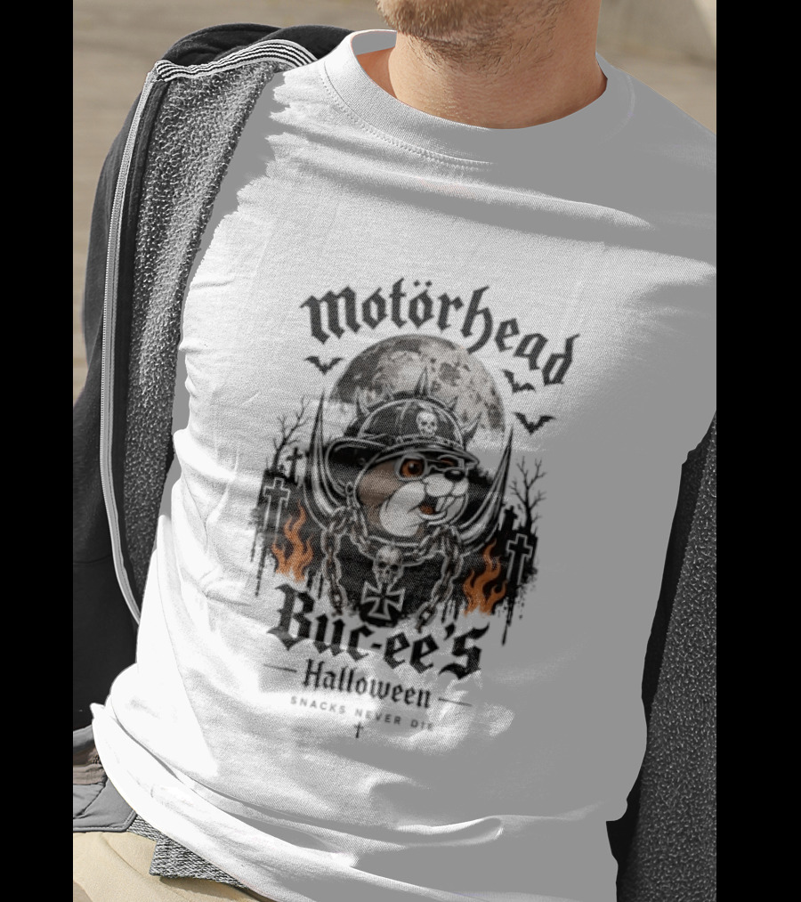 Motorhead Buc Ee's Halloween Snacks Never Die Ghostly Flames Moon Bats T-Shirt