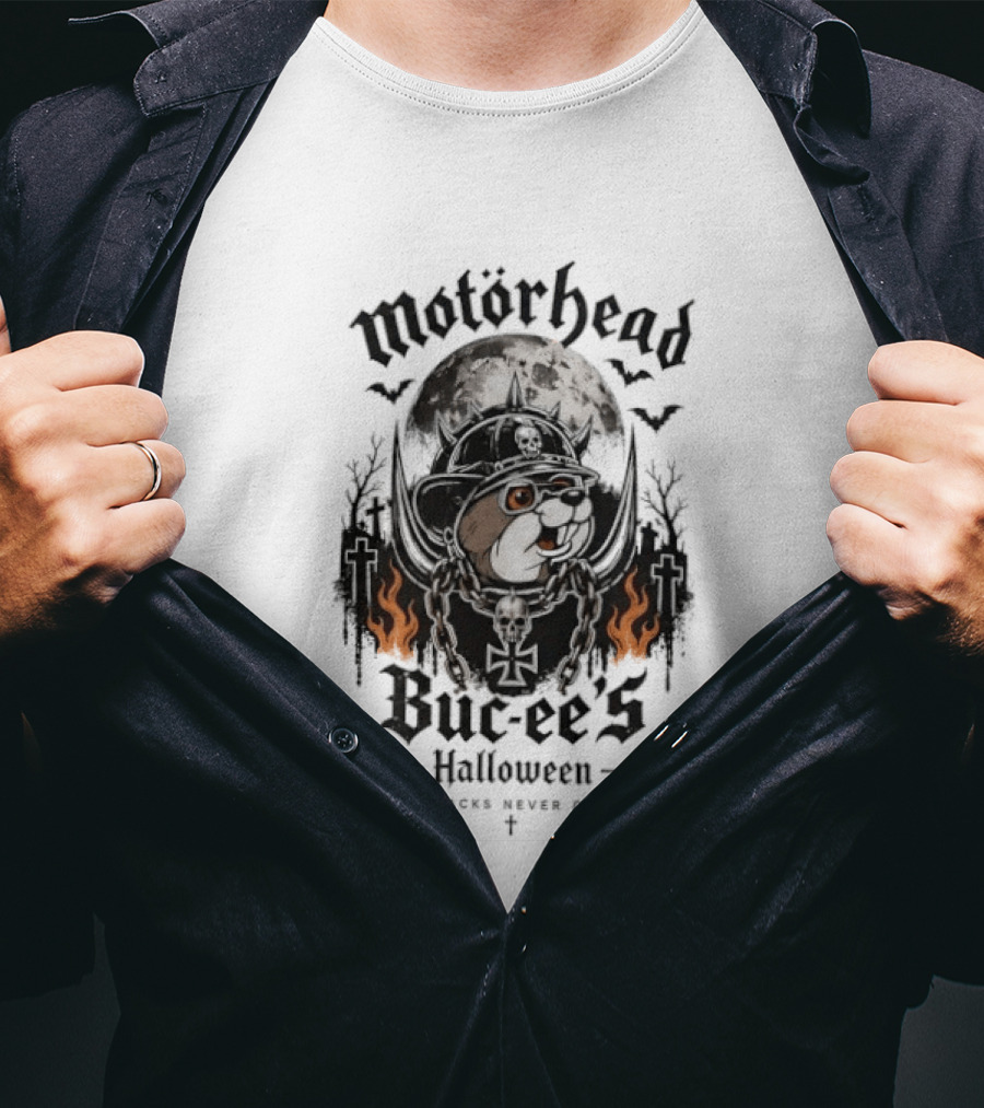 Motorhead Buc Ee's Halloween Snacks Never Die Ghostly Flames Moon Bats T-Shirt