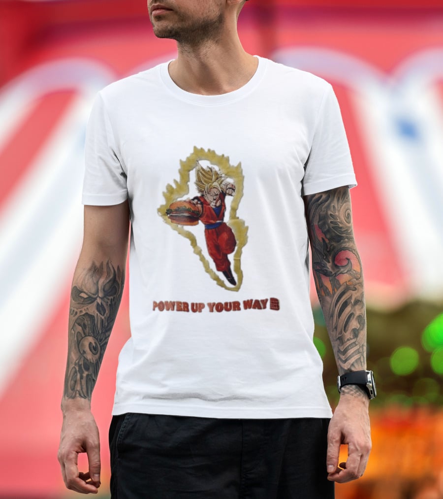 Burger King Power Up Your Way Super Saiyan Goku Holding Cheeseburger Aura T-Shirt