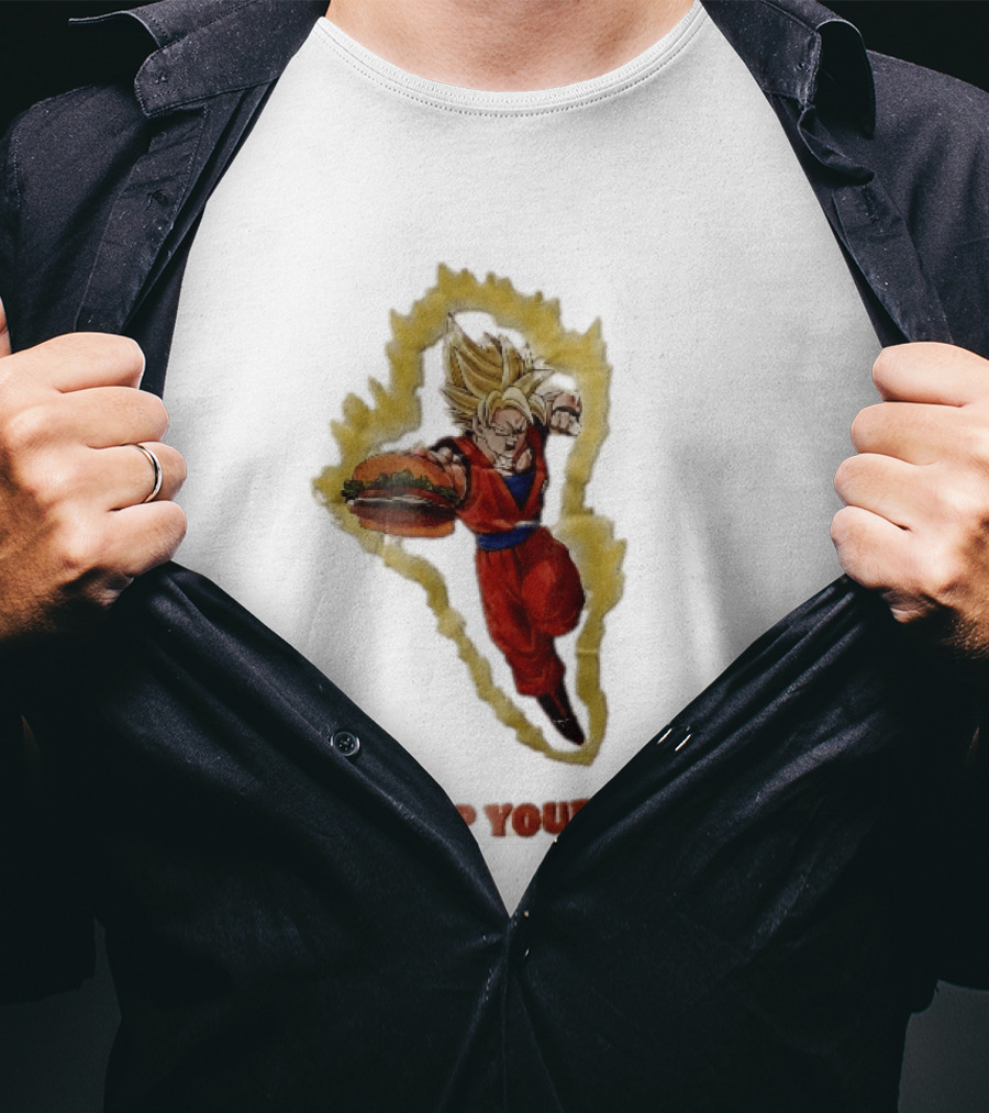 Burger King Power Up Your Way Super Saiyan Goku Holding Cheeseburger Aura T-Shirt