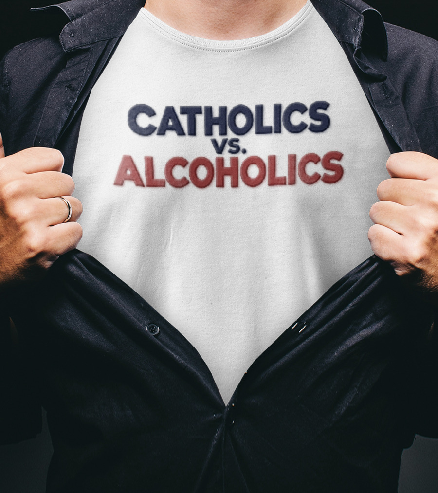 Catholics Vs Alcoholics Navy Dark Blue Red Stacked T-Shirt