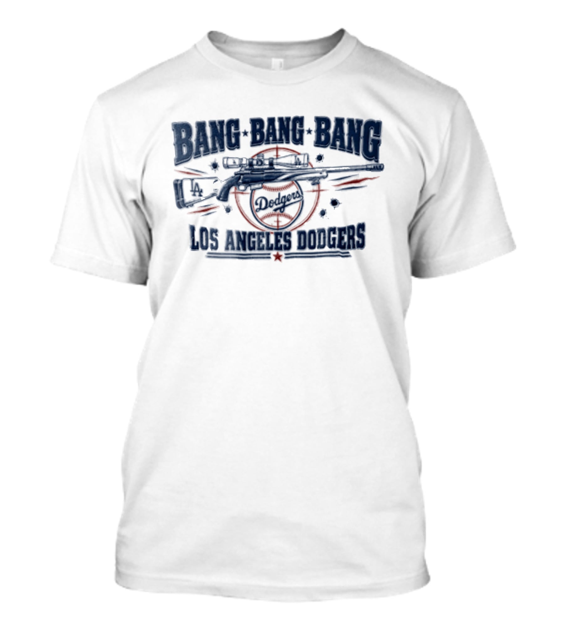 Los Angeles Dodgers Bang Bang Bang Sniper Rifle Scope Target Bullet Holes T-Shirt