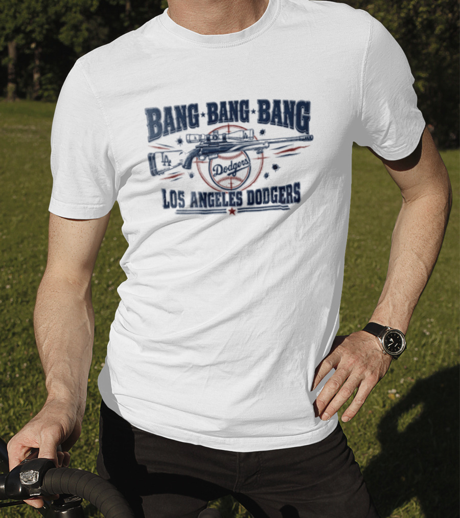 Los Angeles Dodgers Bang Bang Bang Sniper Rifle Scope Target Bullet Holes T-Shirt