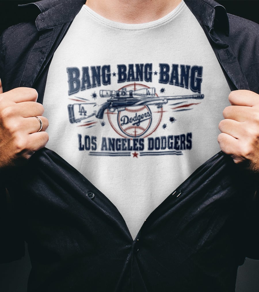 Los Angeles Dodgers Bang Bang Bang Sniper Rifle Scope Target Bullet Holes T-Shirt
