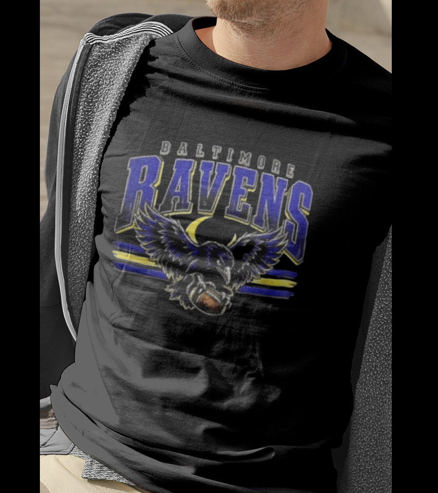 Baltimore Ravens Distressed Flying Bird Holding Football With Stripes T-Shirt