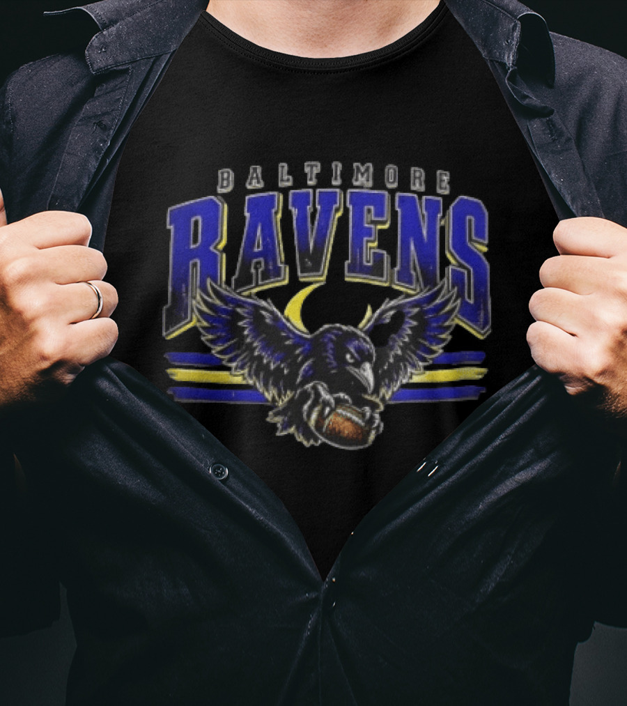 Baltimore Ravens Distressed Flying Bird Holding Football With Stripes T-Shirt