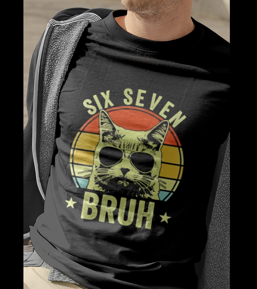 Six Seven Bruh Retro Cat Sunset T-Shirt