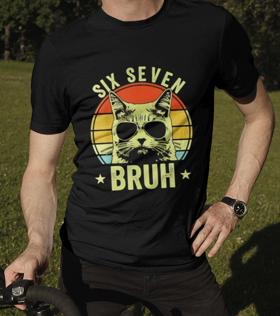 Six Seven Bruh Retro Cat Sunset T-Shirt
