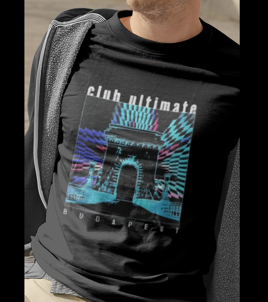Club Ultimate Budapest Szechenyi Chain Bridge Neon Checkerboard Arch T-Shirt