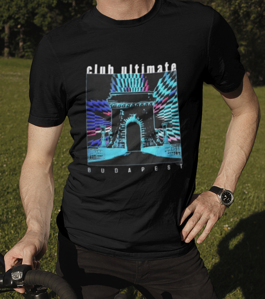 Club Ultimate Budapest Szechenyi Chain Bridge Neon Checkerboard Arch T-Shirt