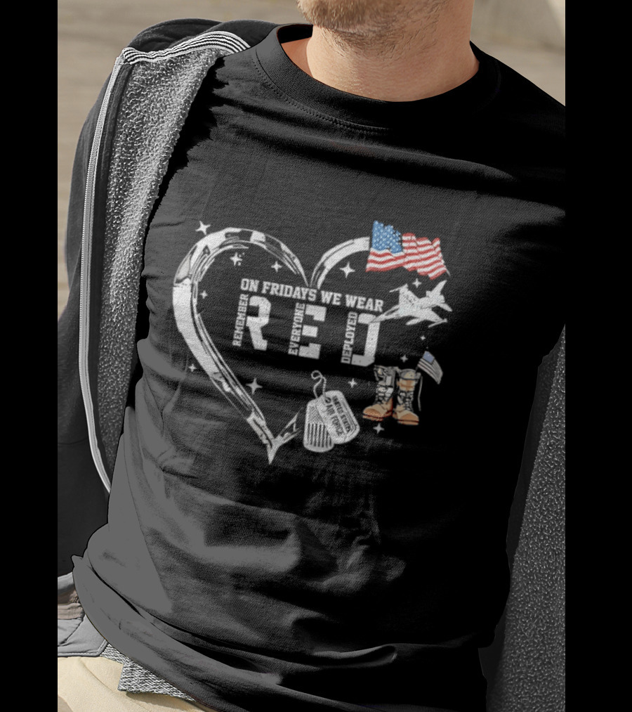 On Friday We Wear RED Remember Every Deployed USA Flag And Military Heart T-Shirt