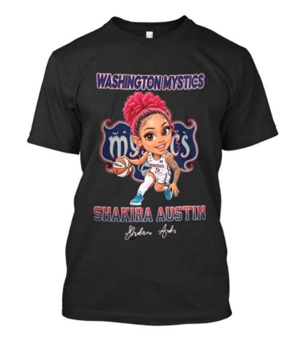 Shakira Austin Washington Mystics Pink Hair Cartoon Caricature Dribbling Basketball T-Shirt
