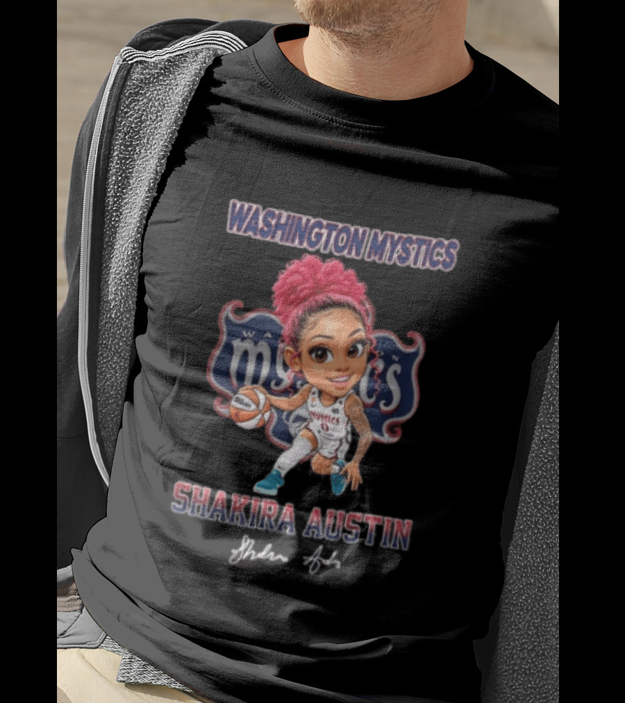 Shakira Austin Washington Mystics Pink Hair Cartoon Caricature Dribbling Basketball T-Shirt