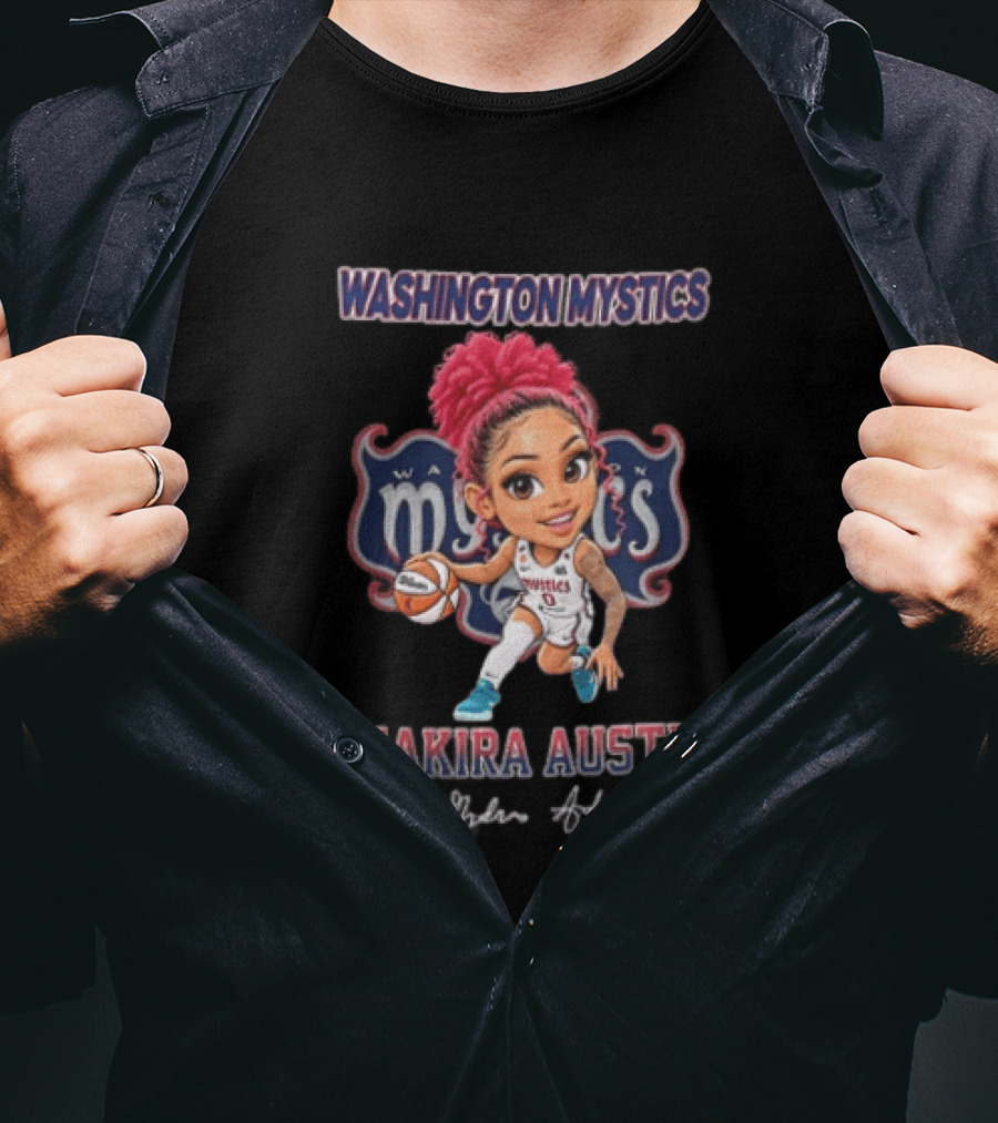 Shakira Austin Washington Mystics Pink Hair Cartoon Caricature Dribbling Basketball T-Shirt