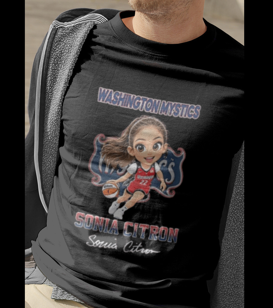 Washington Mystics WNBA Sonia Citron Cartoon Caricature Basketball Player Dribbling T-Shirt