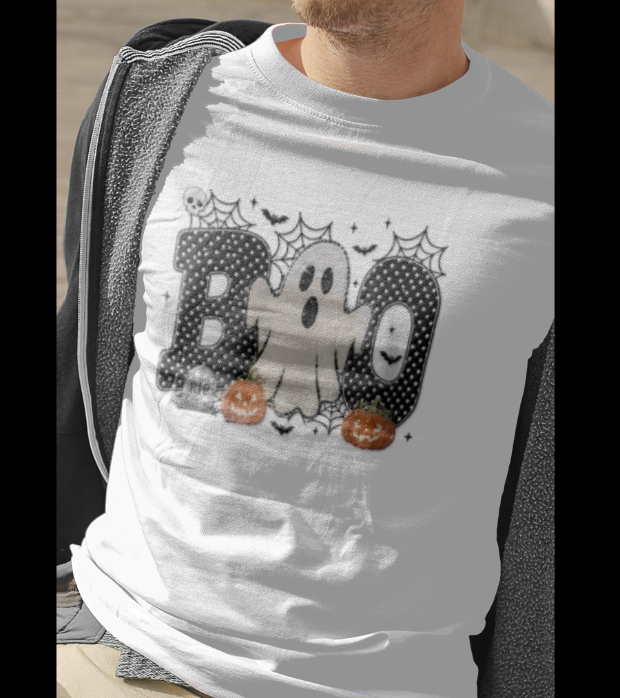 Boo Distressed Ghost Jack O Lanterns Polka Dots Cobwebs T-Shirt