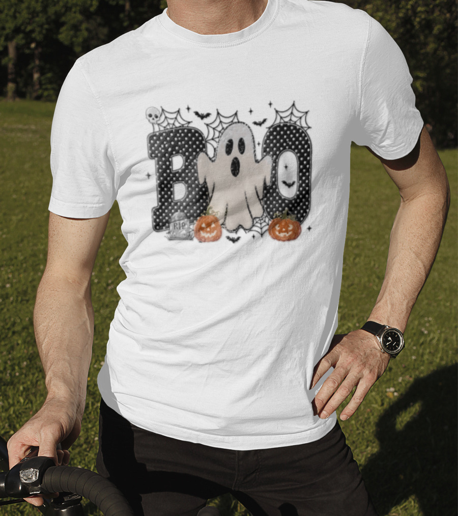 Boo Distressed Ghost Jack O Lanterns Polka Dots Cobwebs T-Shirt
