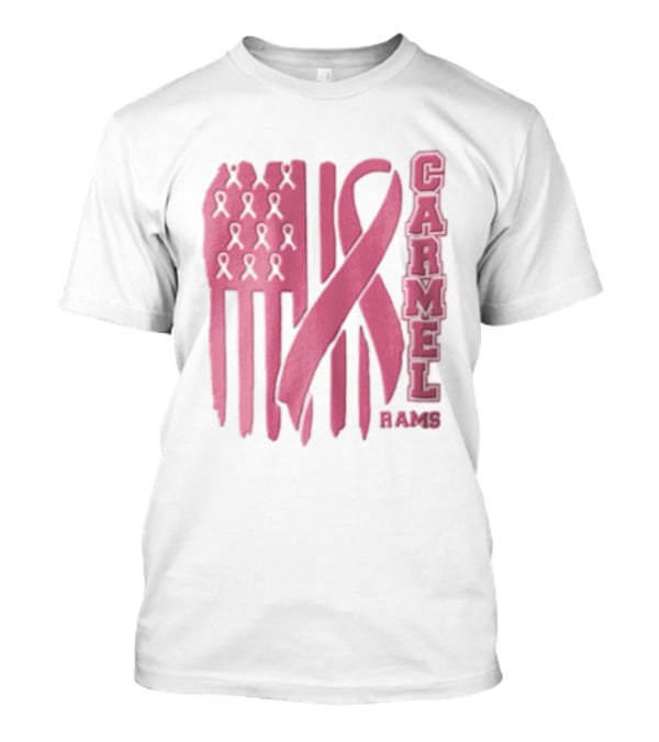 Carmel Rams Pink Ribbon American Flag Breast Cancer Awareness T-Shirt