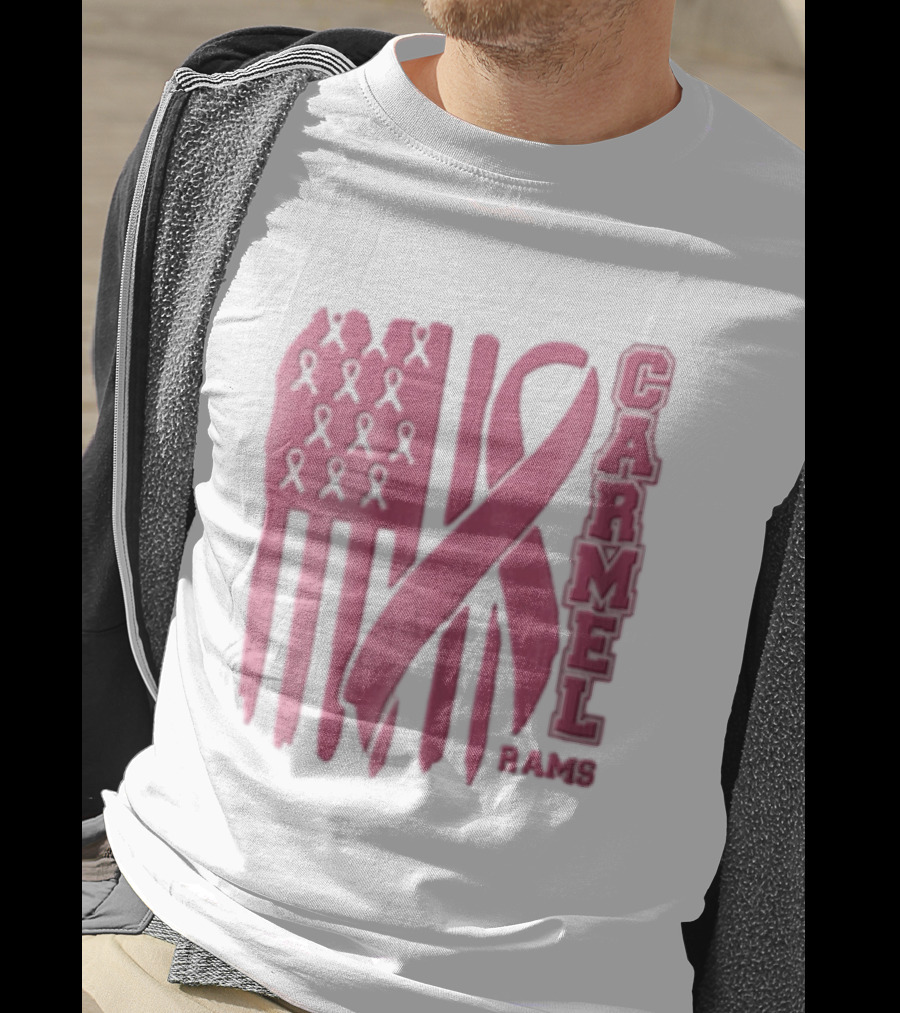 Carmel Rams Pink Ribbon American Flag Breast Cancer Awareness T-Shirt