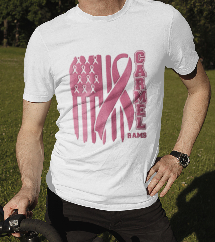 Carmel Rams Pink Ribbon American Flag Breast Cancer Awareness T-Shirt