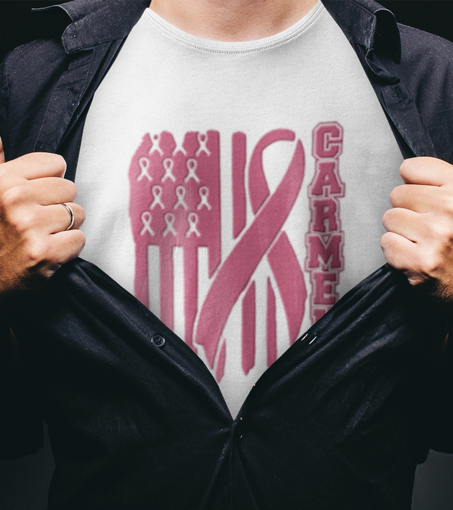 Carmel Rams Pink Ribbon American Flag Breast Cancer Awareness T-Shirt