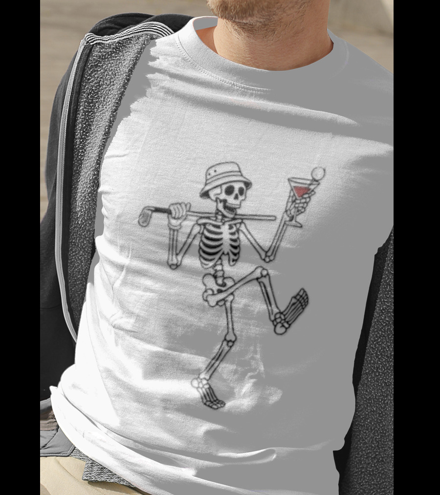 Cartoon Skeleton Line Dance With Bucket Hat Golf Club And Cocktail Glass T-Shirt