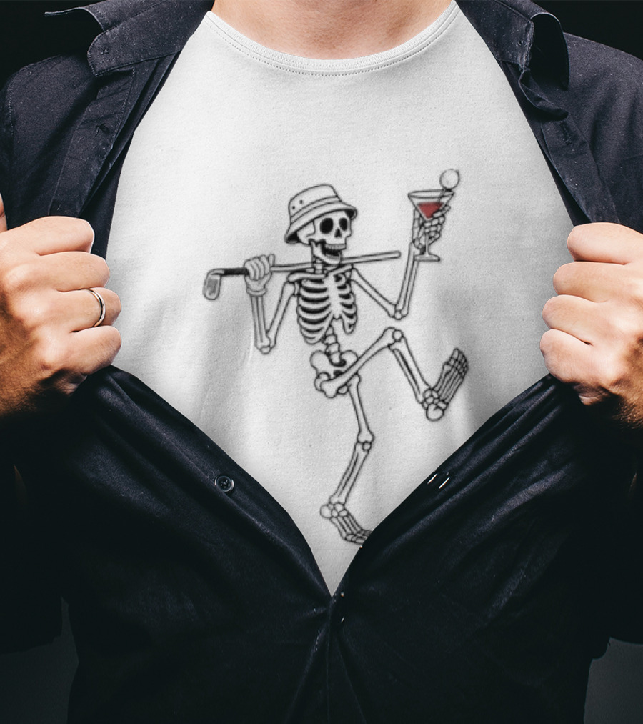 Cartoon Skeleton Line Dance With Bucket Hat Golf Club And Cocktail Glass T-Shirt